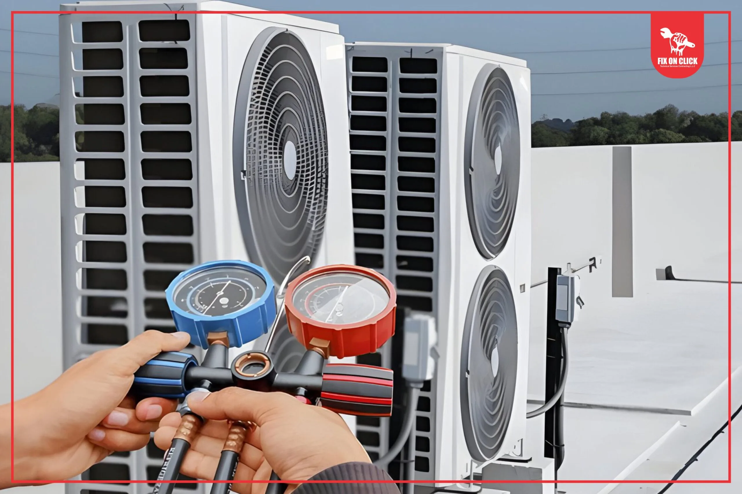 an air conditioning unit checking with a gauge by a professional of fix on click