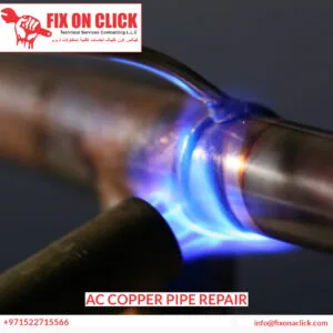 Fix On Click technician testing refrigerant pressure after copper pipe repair