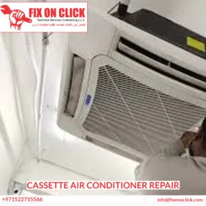 HVAC technician inspecting ceiling cassette AC unit for efficiency in Dubai