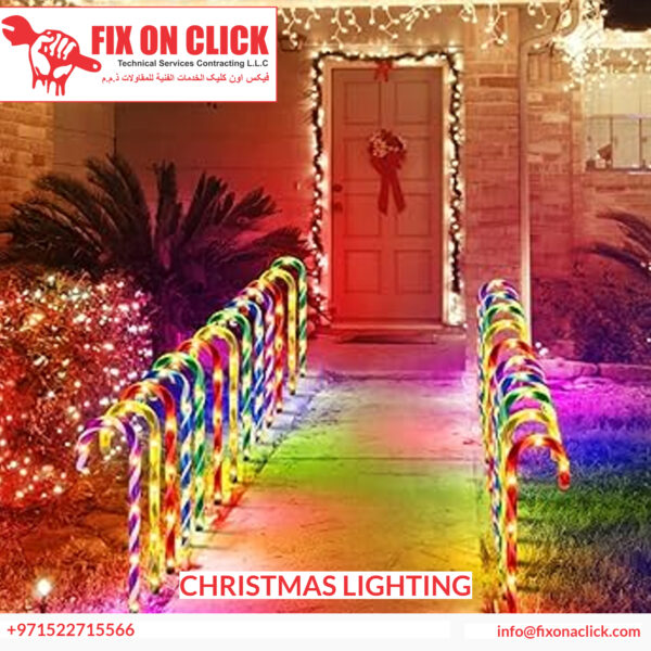 Professional outdoor Christmas lighting installation on Dubai villa rooflines and shrubs