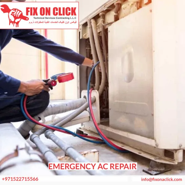 Emergency AC repair technician working on outdoor unit Dubai - Fix On Click