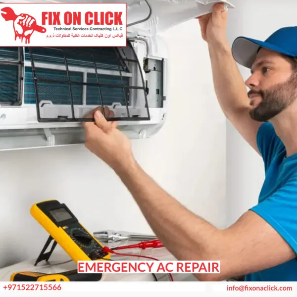 Emergency AC repair Dubai - Fix On Click technician attending outdoor unit