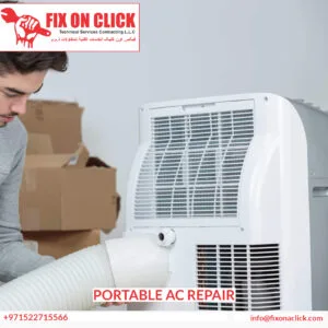 Portable AC repair Dubai - Fix On Click specialists servicing a portable air conditioning unit