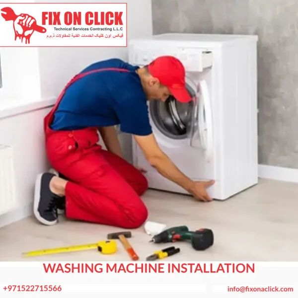 Fix On Click technician completing professional washing machine installation in Dubai