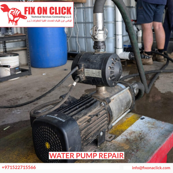 Fix On Click technician inspecting water pump components in Dubai