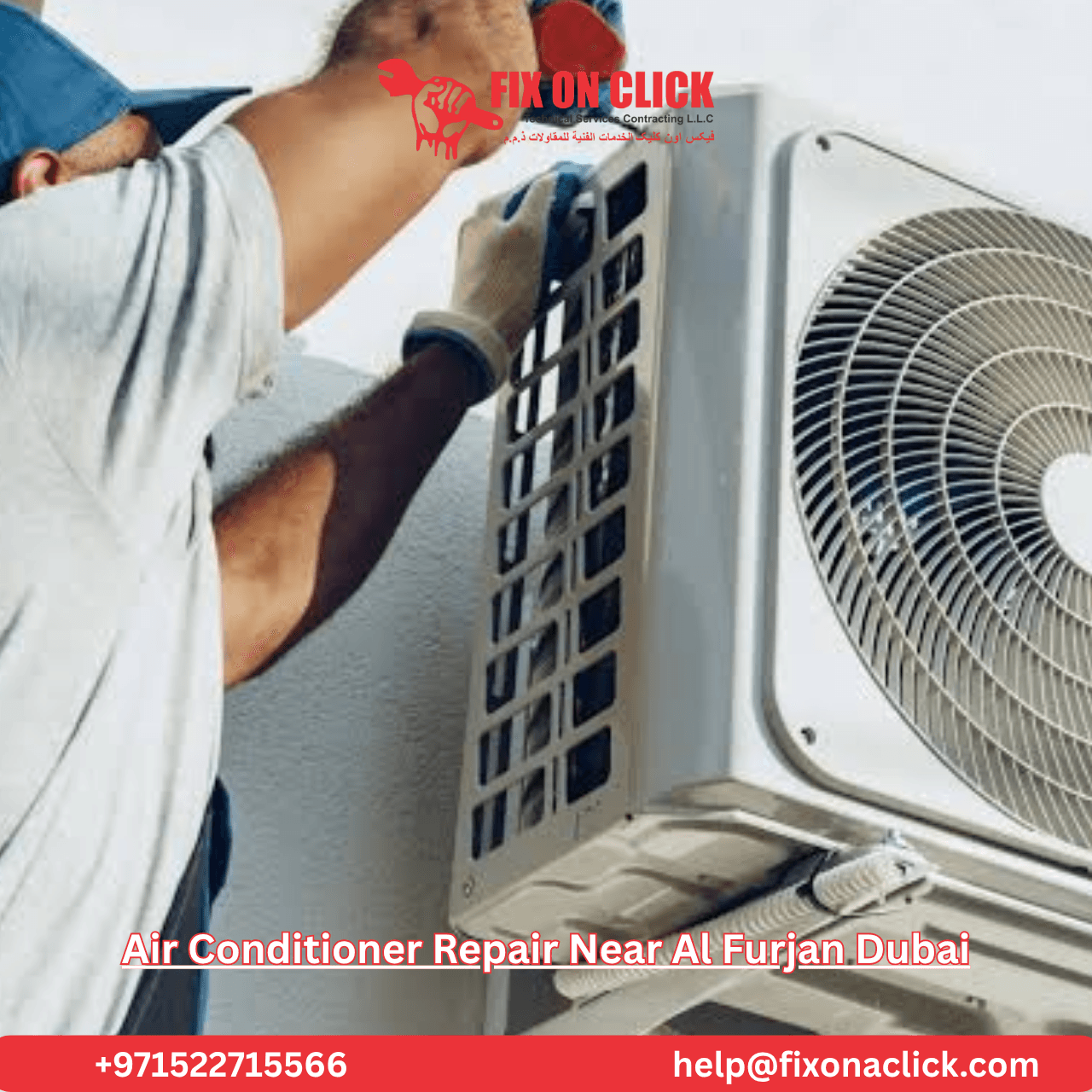 Fix on Click technician testing cooling output from an indoor AC unit after completing a repair in an Al Furjan apartment
