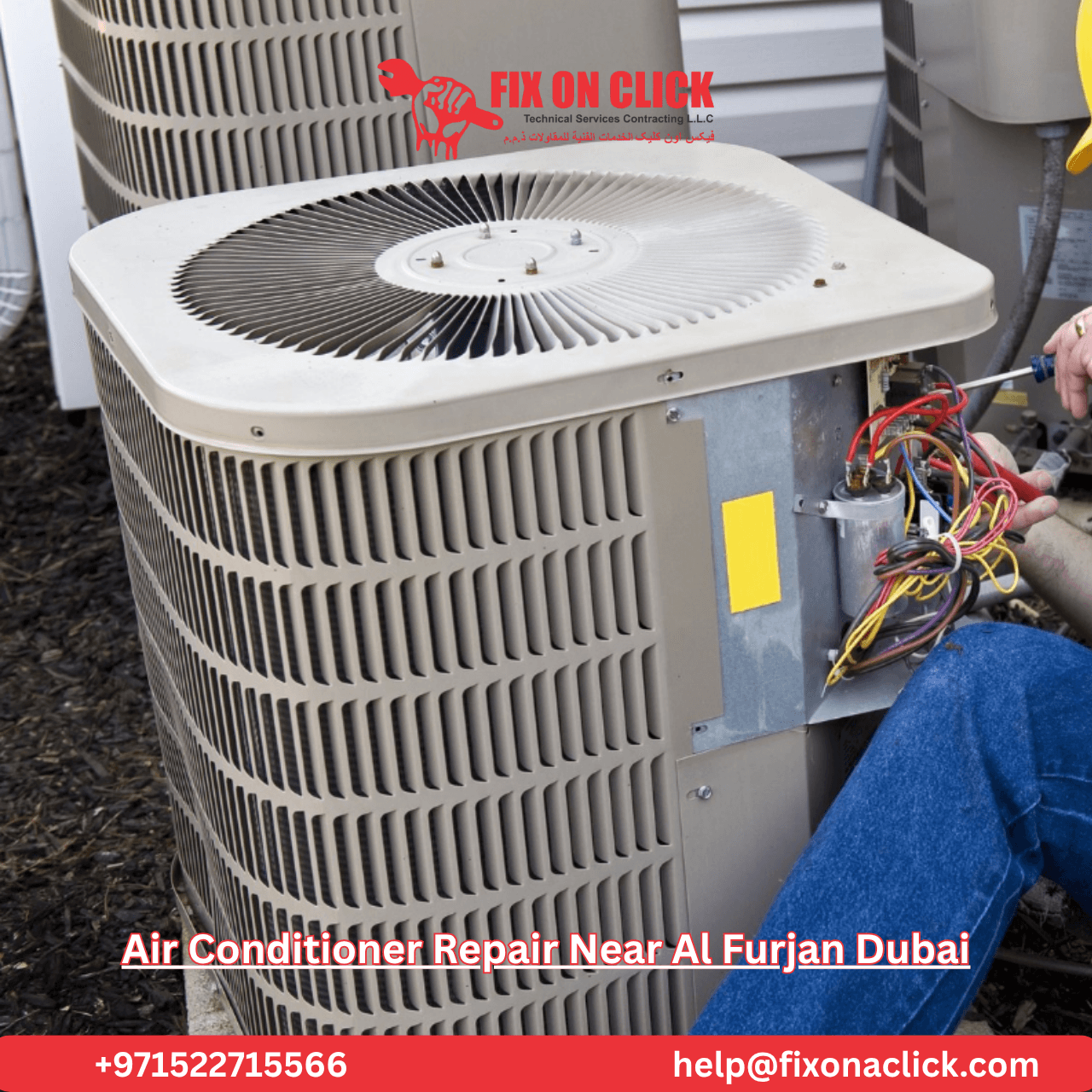 Fix on Click technician repairing a split AC unit in an Al Furjan apartment near the metro station