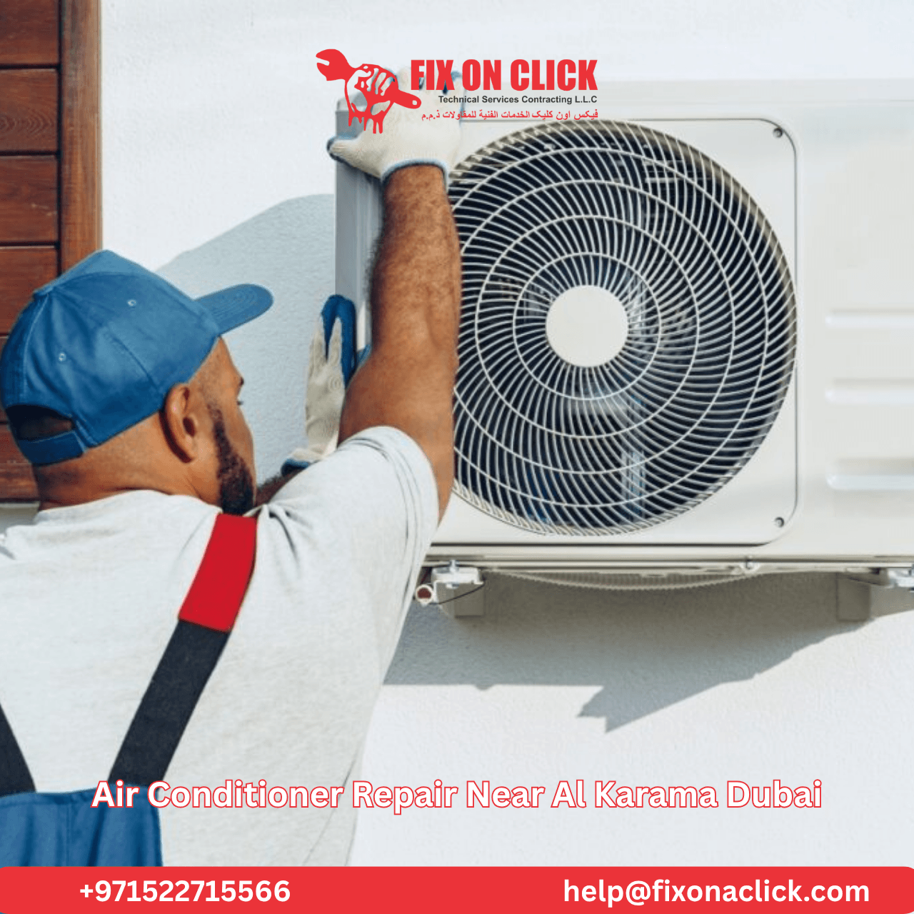 Fix on Click certified technician carrying out air conditioner repair near Al Karama Dubai