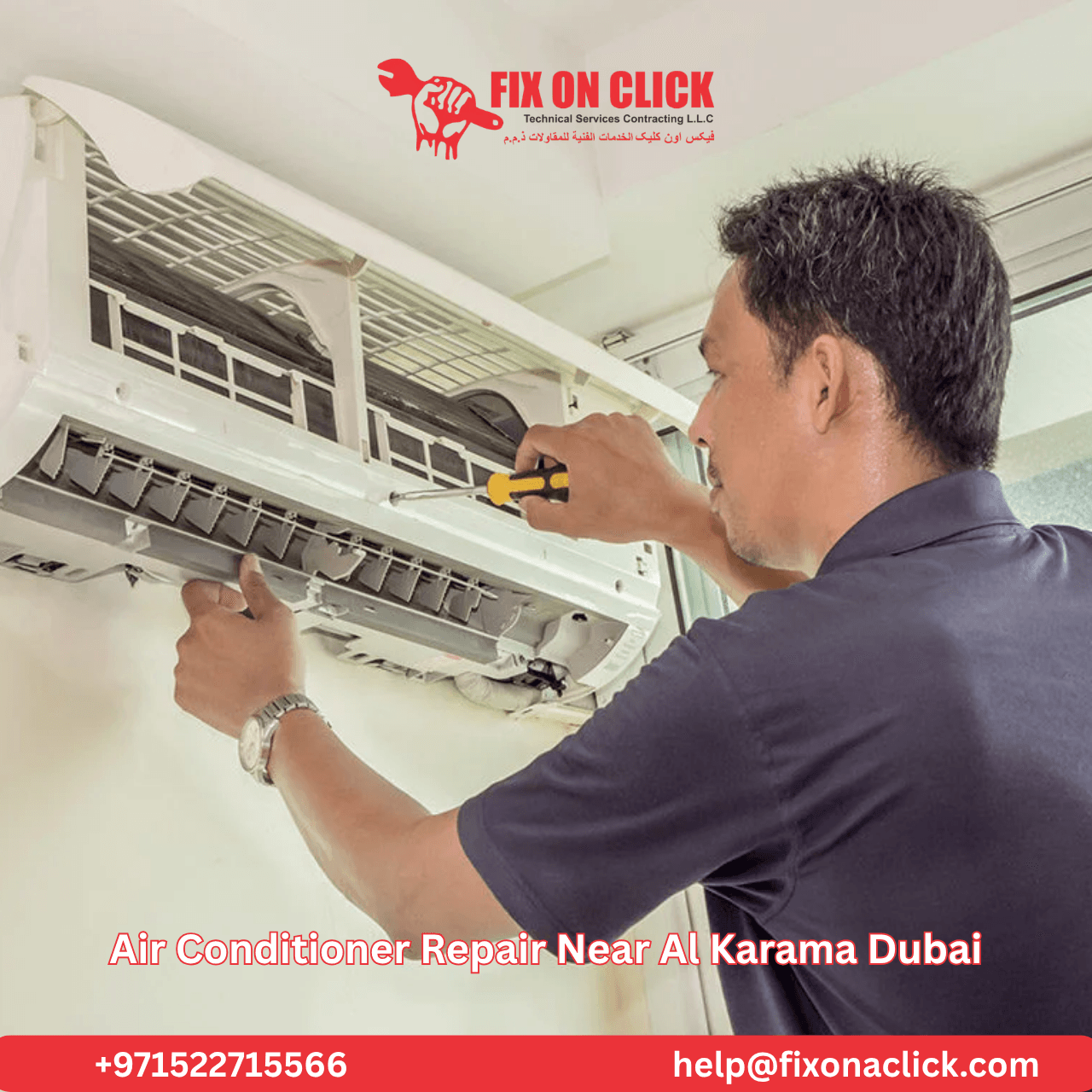 Fix on Click air conditioner repair service van in Al Karama Dubai street