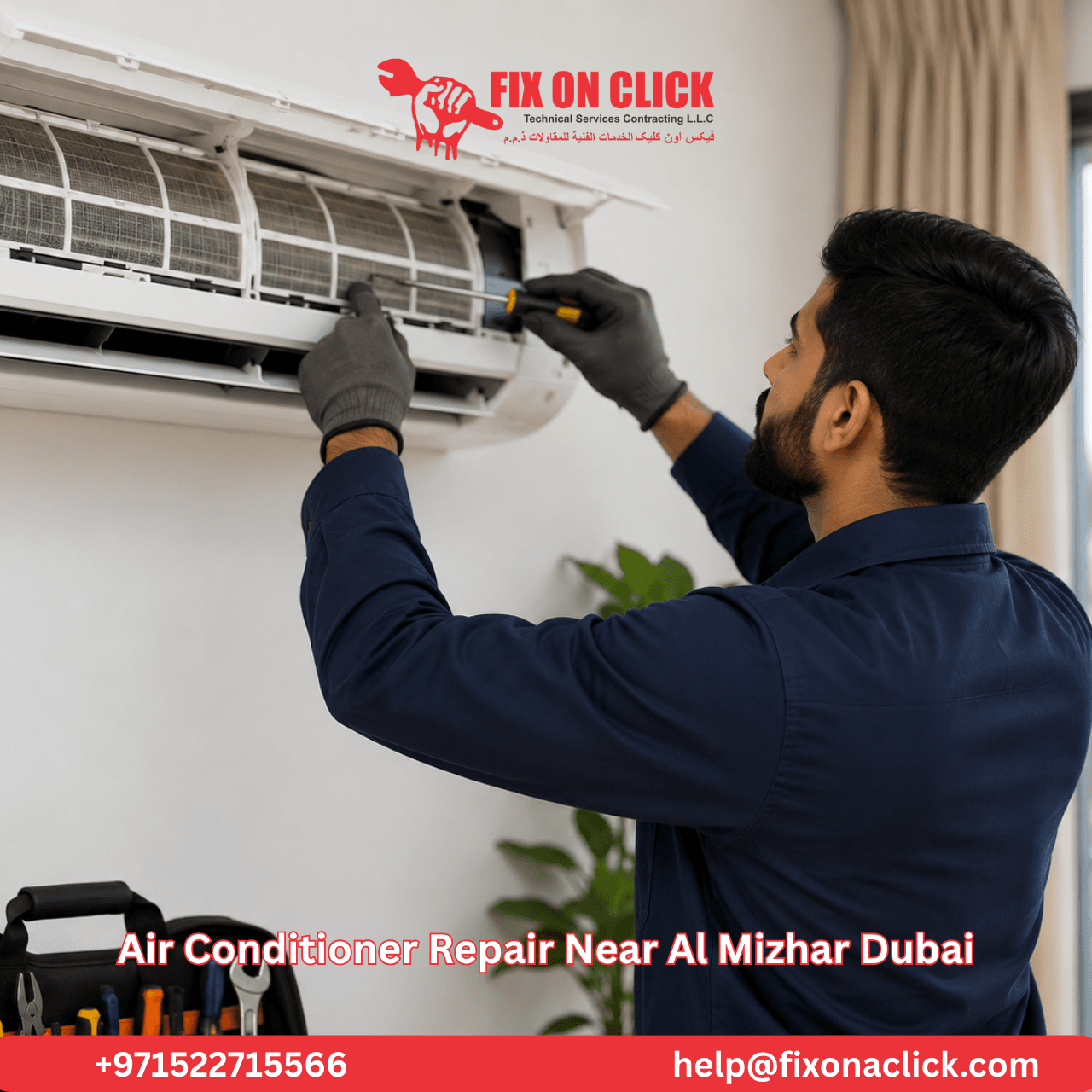 Fix on Click technician servicing AC unit at an Al Mizhar Dubai villa