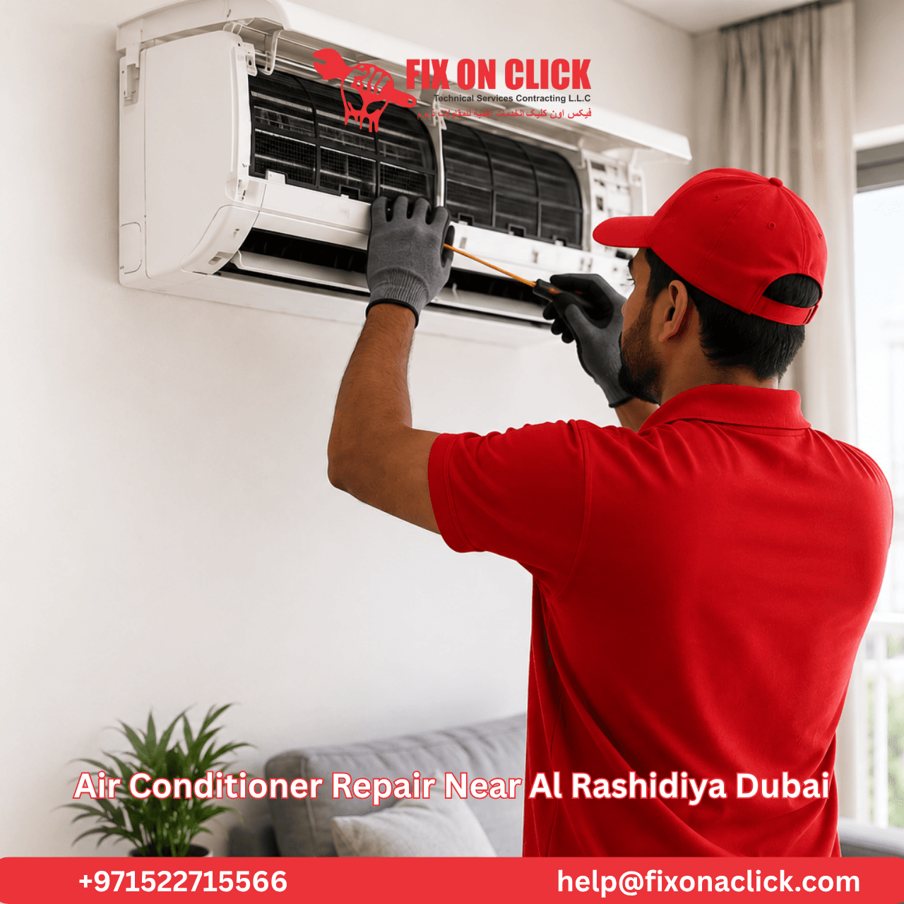 Fix on Click technician cleaning outdoor condenser unit at Al Rashidiya villa