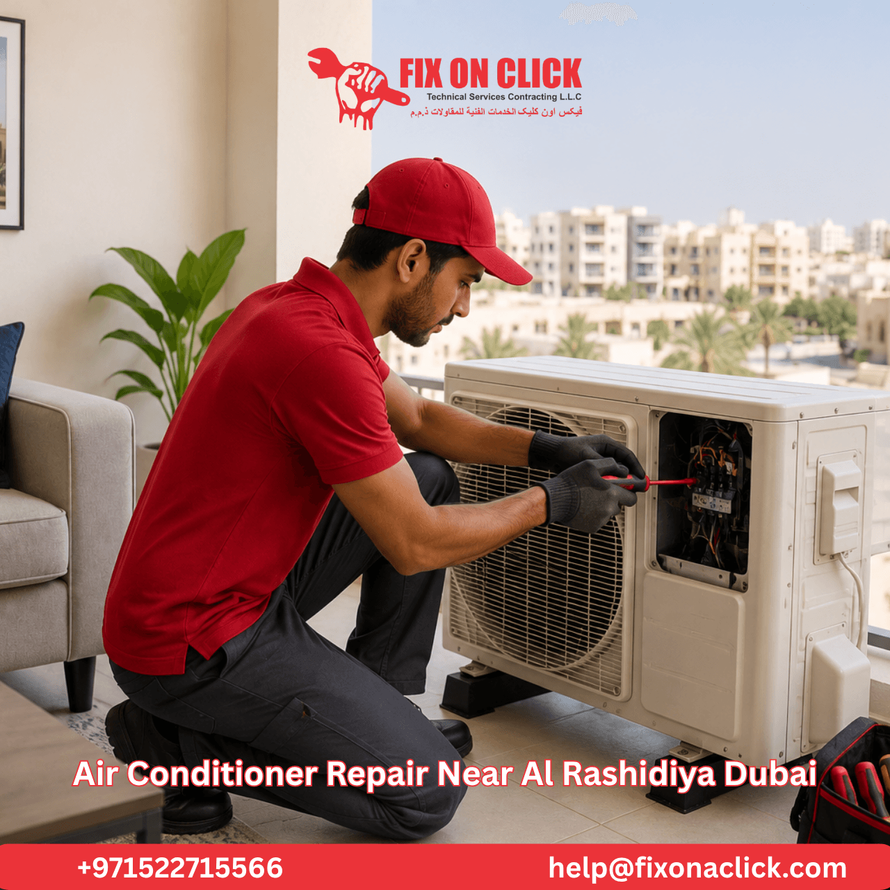 Fix on Click technician inspecting outdoor AC unit at an Al Rashidiya Dubai villa