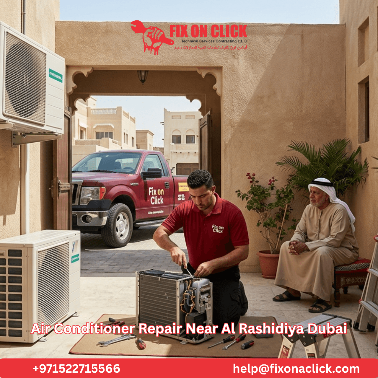 Fix on Click service van at completed AC repair job in Al Rashidiya Dubai