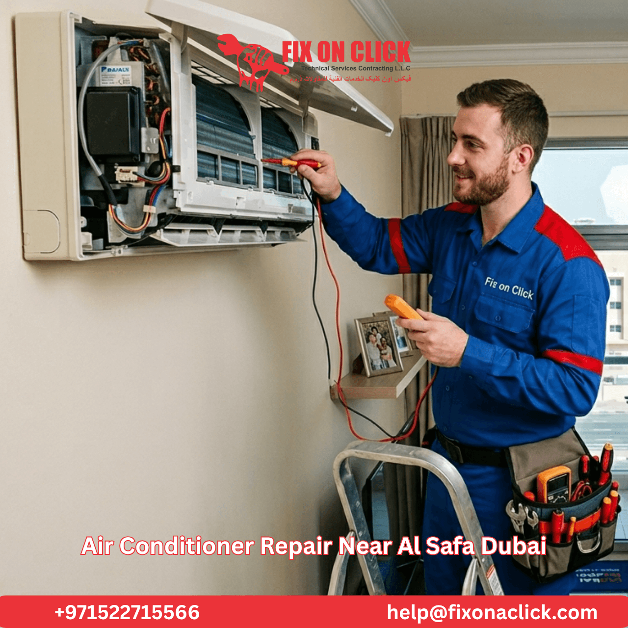 Fix on Click technician diagnosing AC unit at an Al Safa Dubai villa