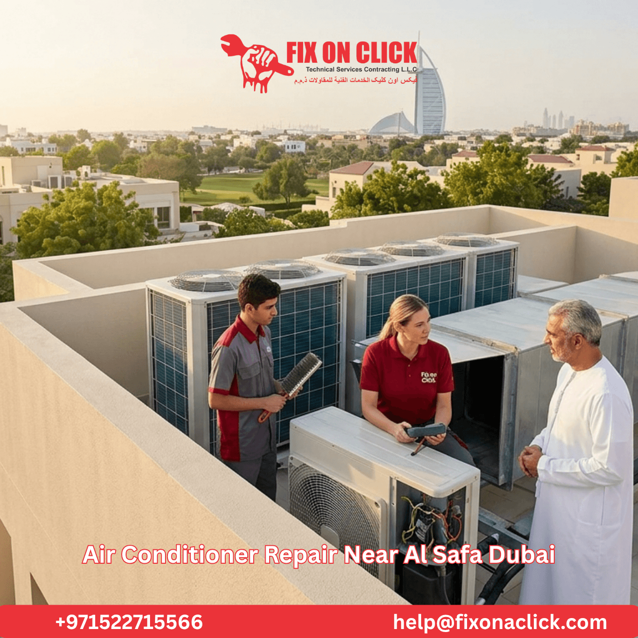 Completed AC service at Al Safa Dubai villa with technician reviewing system performance