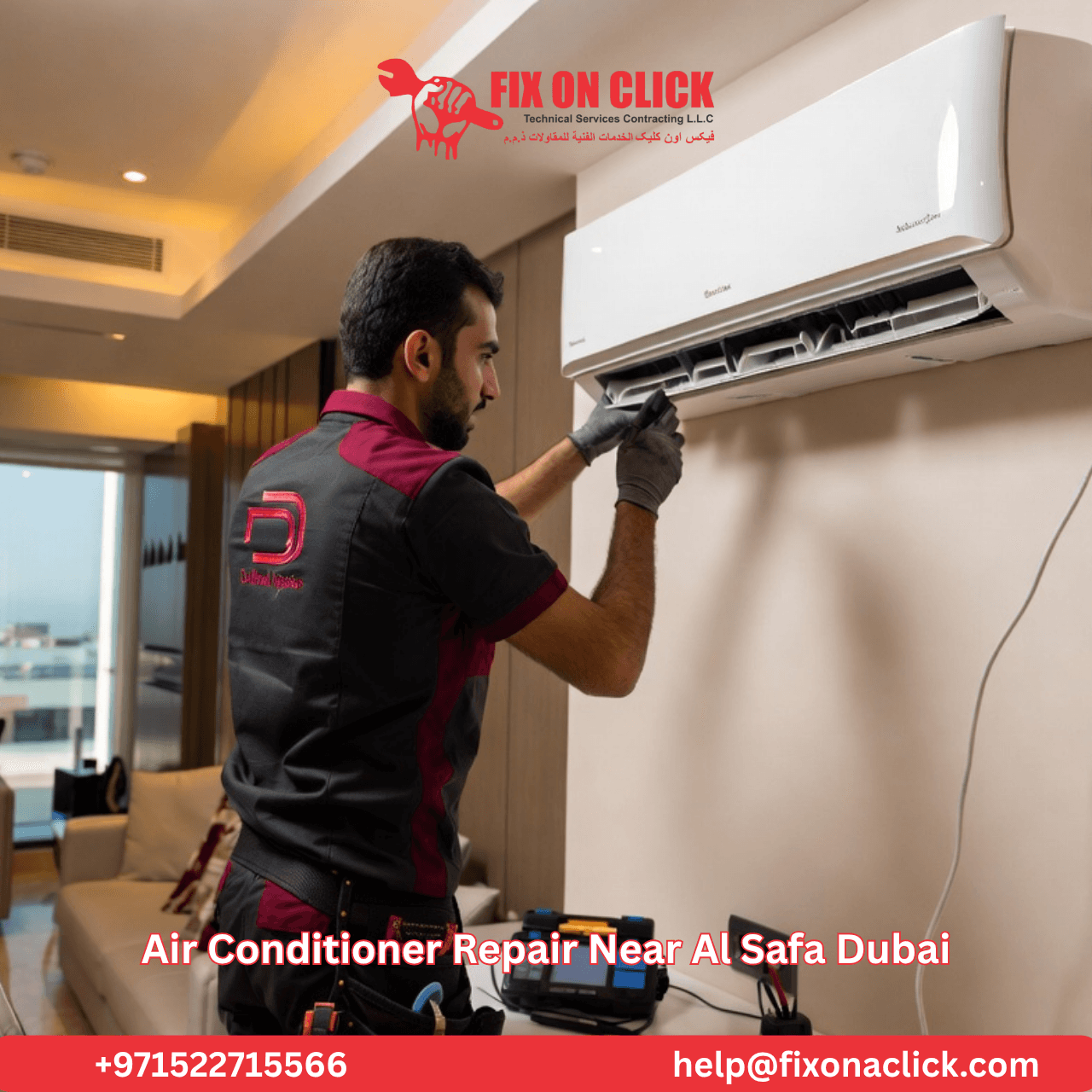 Fix on Click AC repair team servicing outdoor unit at Al Safa Dubai villa