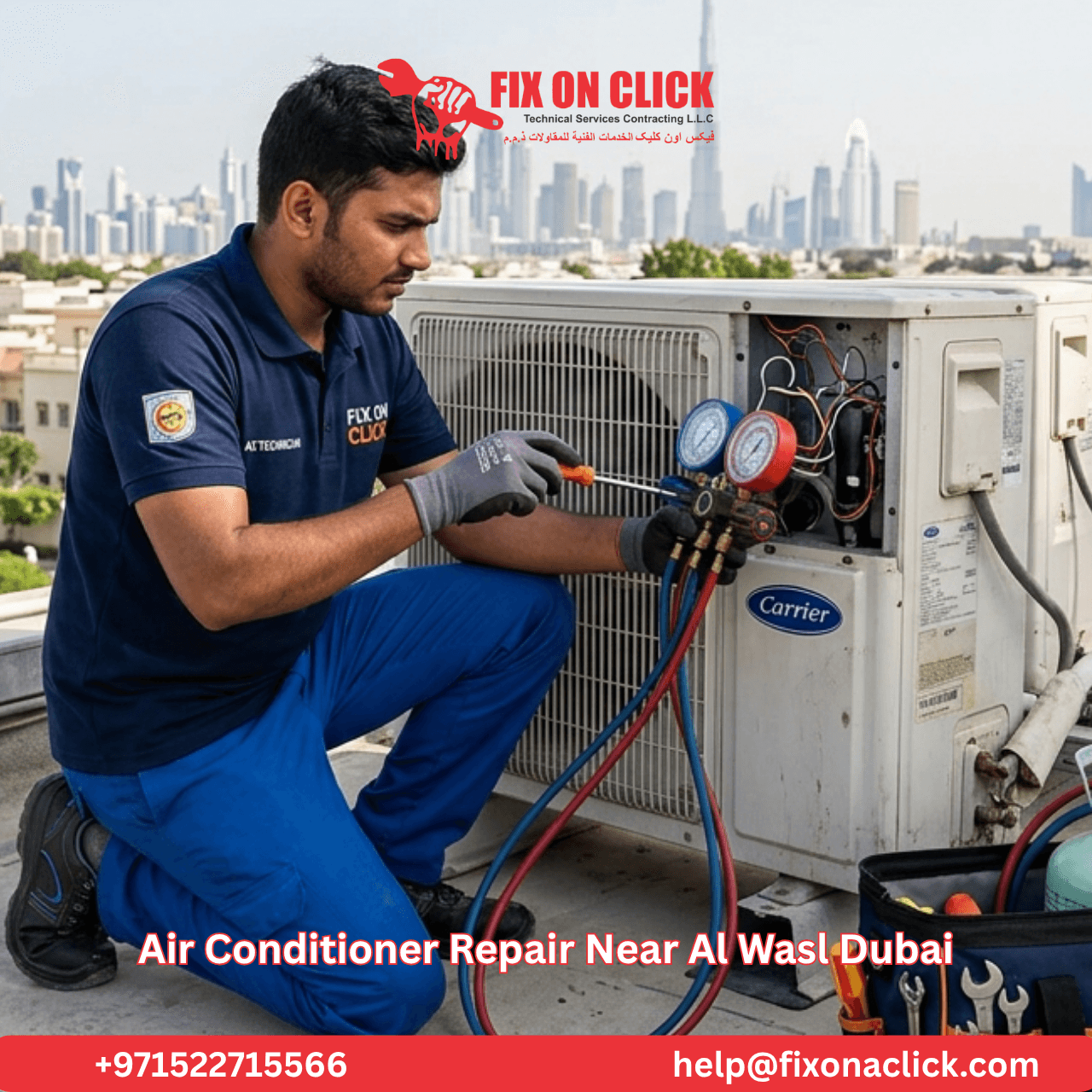 Fix on Click technician diagnosing central AC duct system in Al Wasl Dubai villa