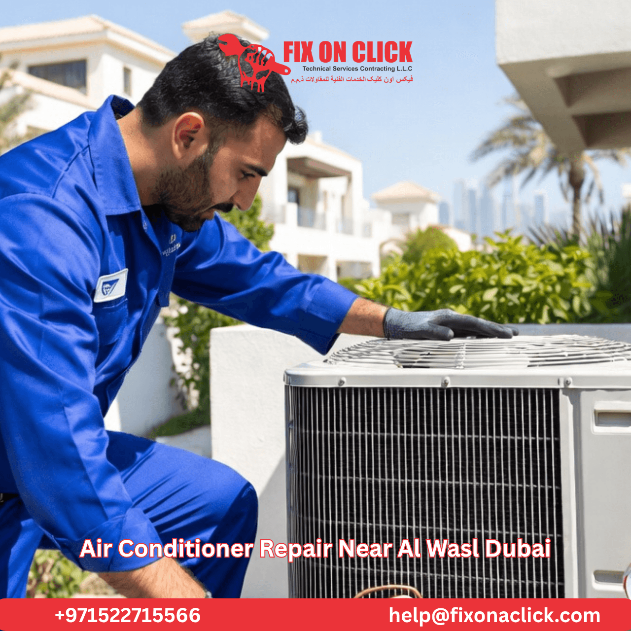 Fix on Click technician servicing split AC unit at an Al Wasl Dubai villa