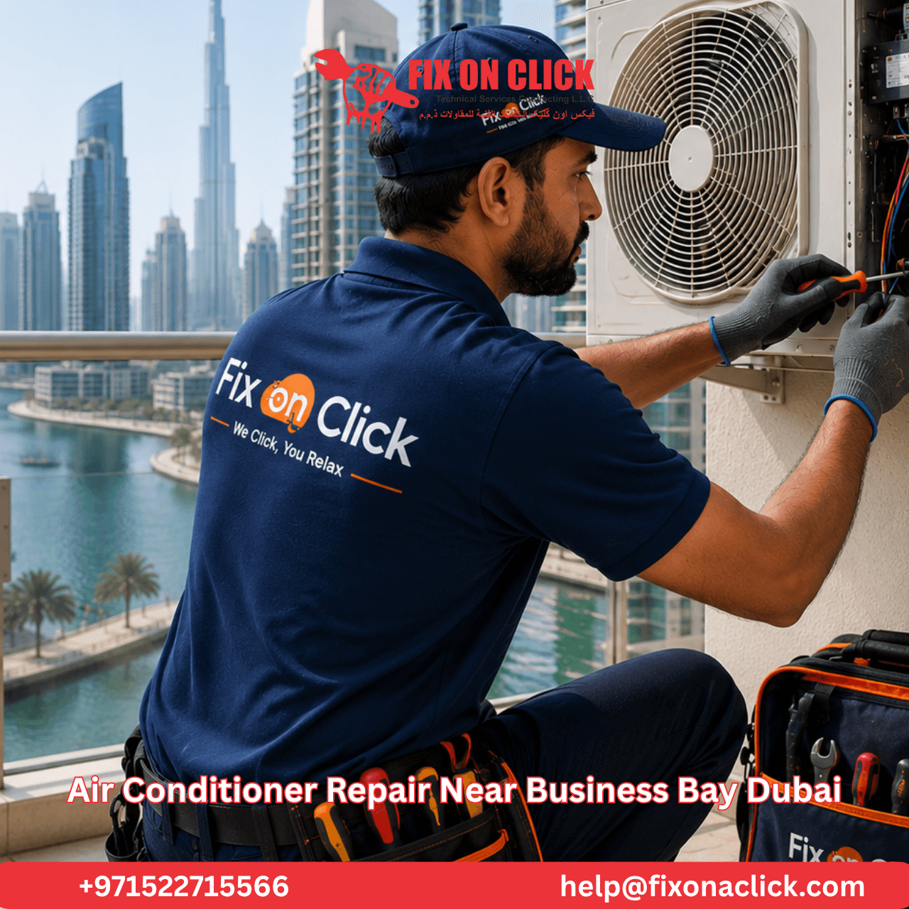Professional AC technician performing maintenance check in Business Bay Dubai