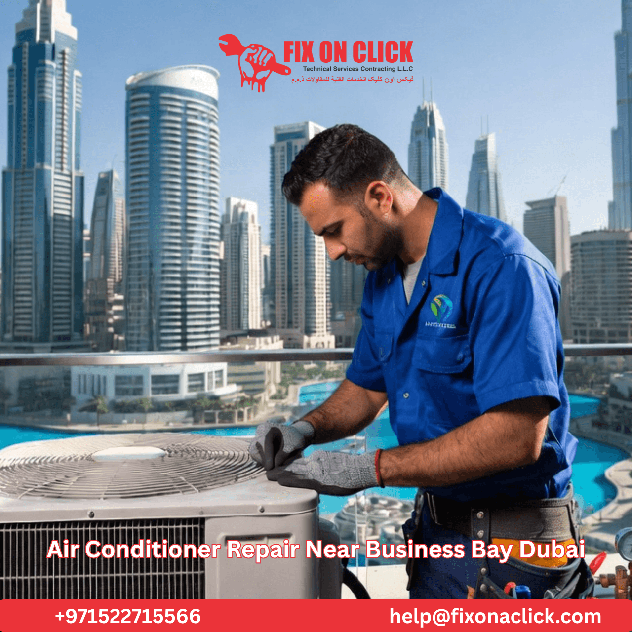 AC technician repairing air conditioner unit in Business Bay Dubai apartment