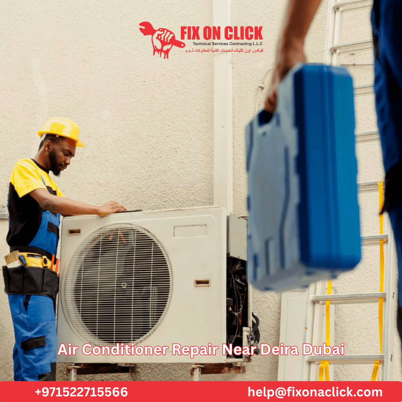 Air Conditioner Repair Near Deira Dubai – Fix on Click technician servicing AC unit