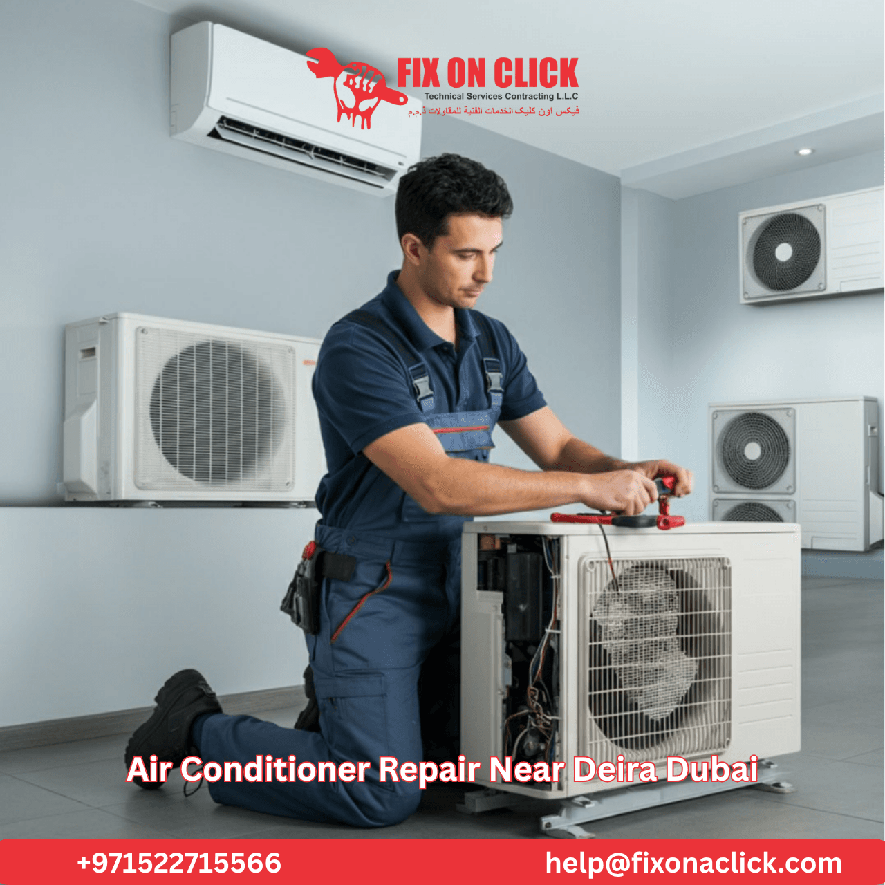 Fix on Click AC repair technician diagnosing a split unit in a Deira Dubai apartment