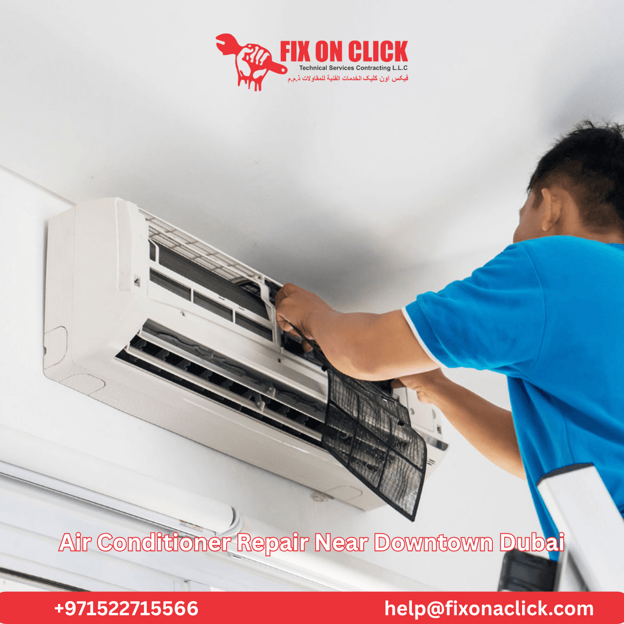 Fix on Click technician cleaning a dirty AC filter during an air conditioner repair service near Downtown Dubai