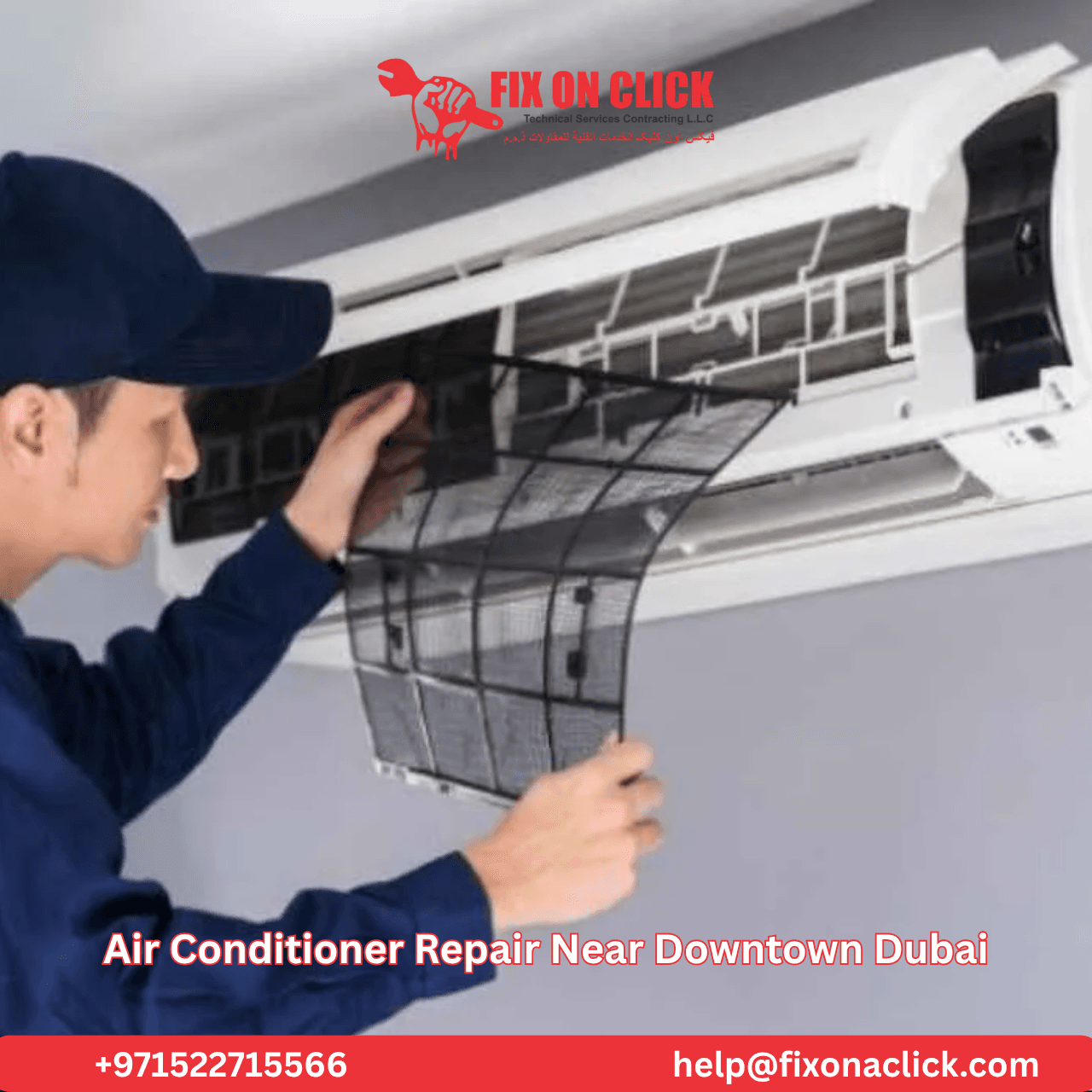 Fix on Click technician inspecting and removing an AC filter during a preventive maintenance visit in Downtown Dubai
