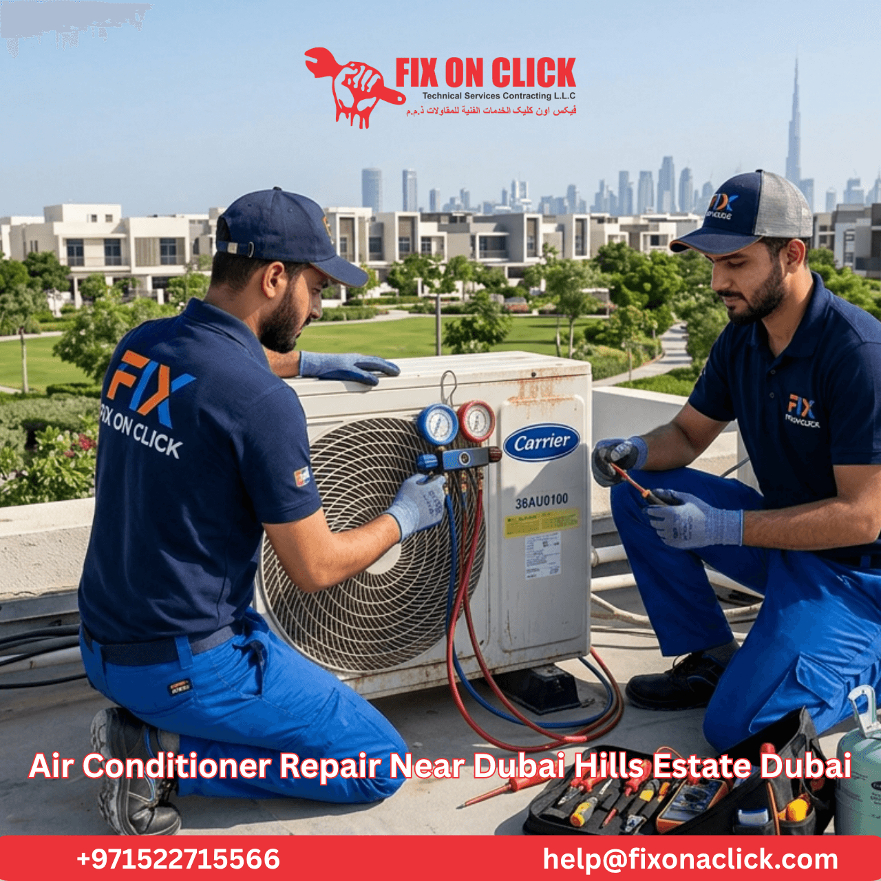 Fix on Click technician inspecting outdoor condenser unit in Dubai Hills Estate
