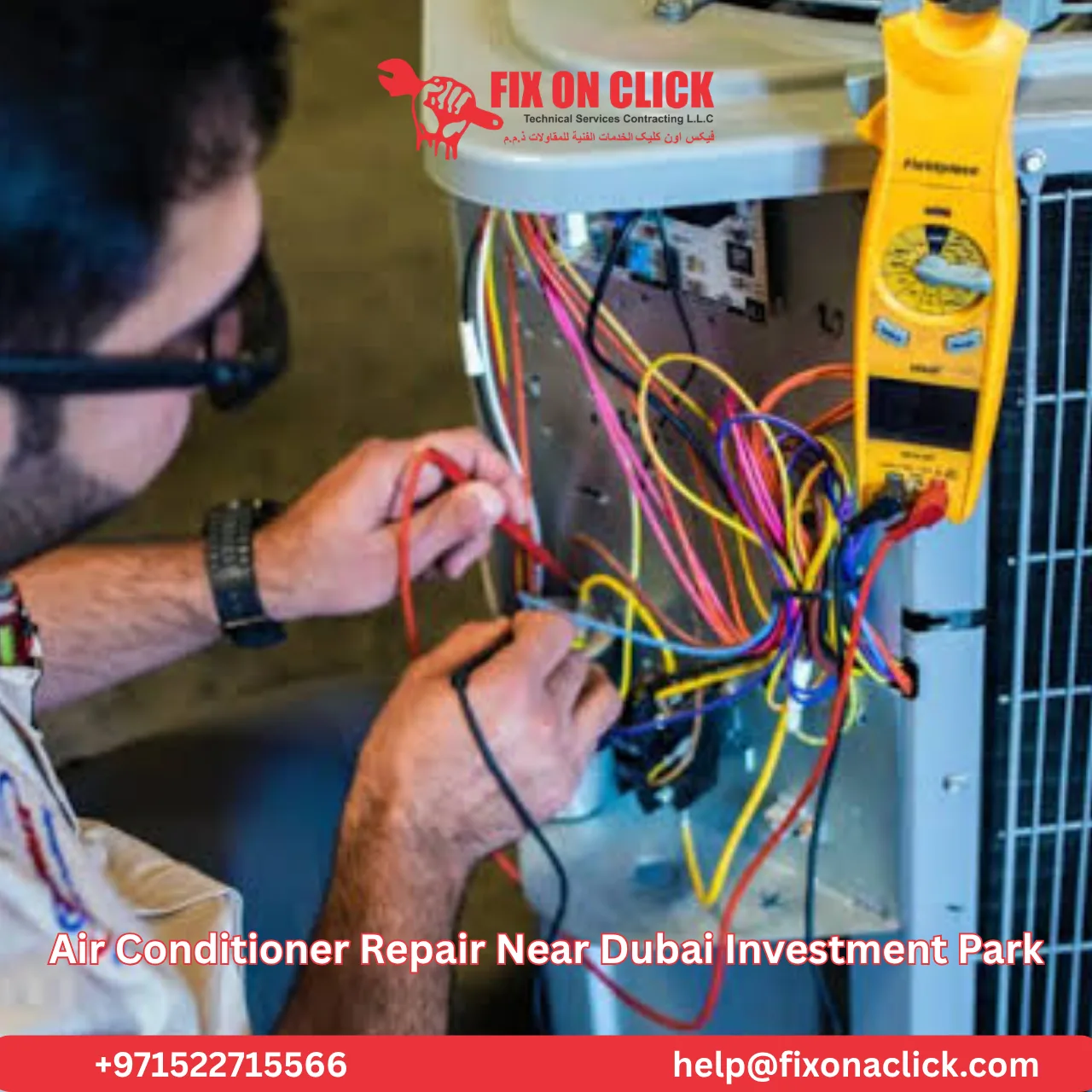 Fix on A Click AC repair technician with service vehicle at Dubai Investment Park industrial area