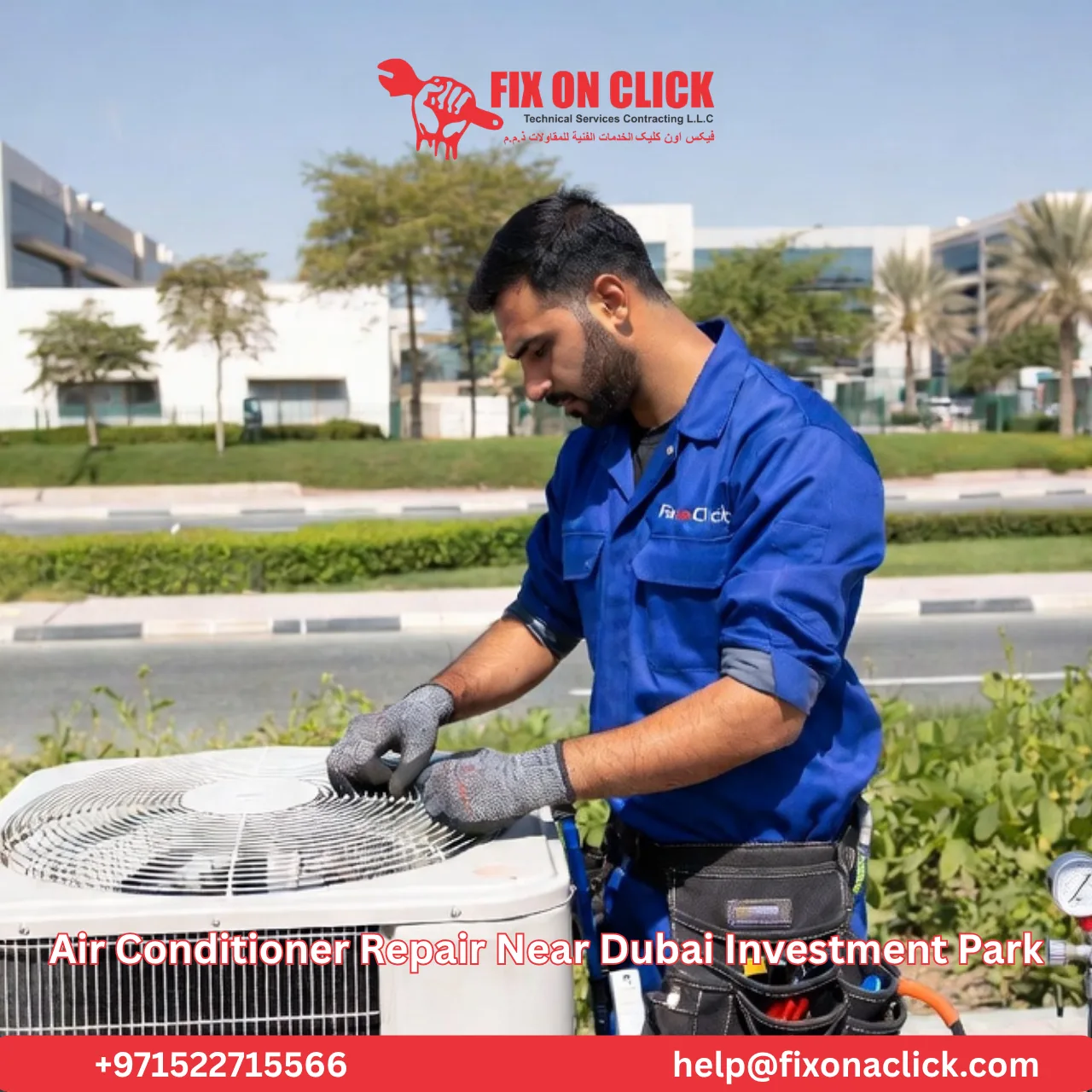 AC technician repairing air conditioning unit in Dubai Investment Park warehouse