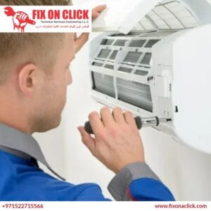 Fix on Click technician servicing indoor AC unit in Dubai Marina apartment