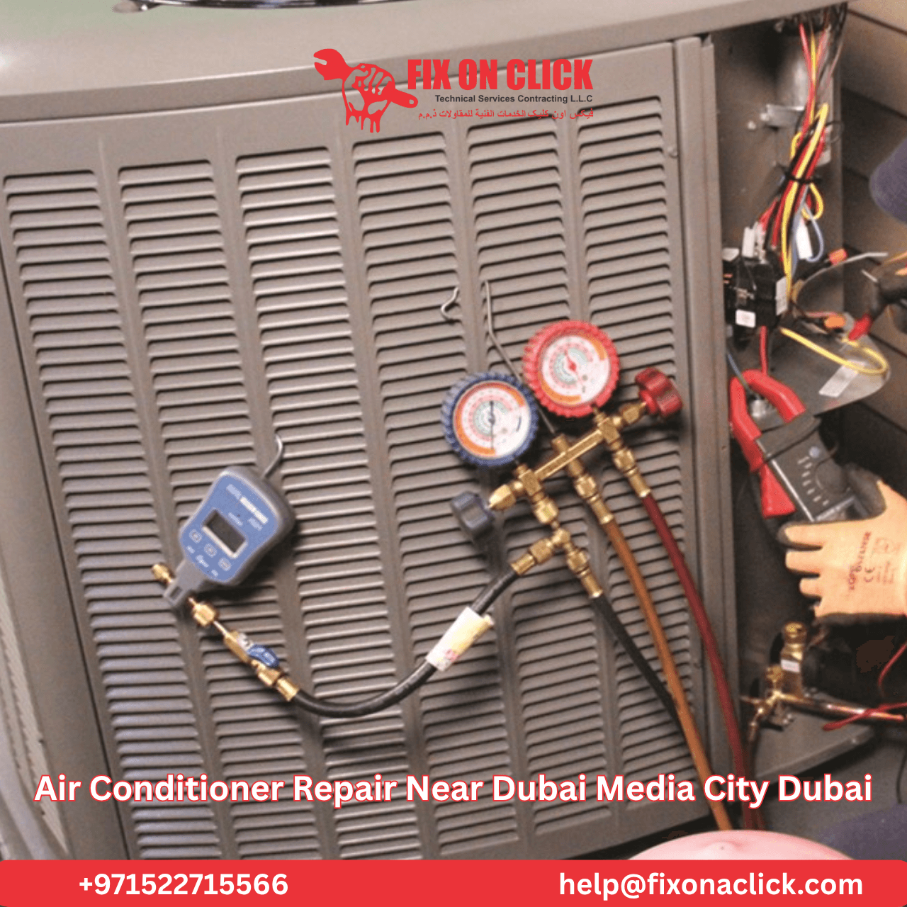 Fix on Click technician checking VRF outdoor unit on rooftop of Dubai Media City commercial building