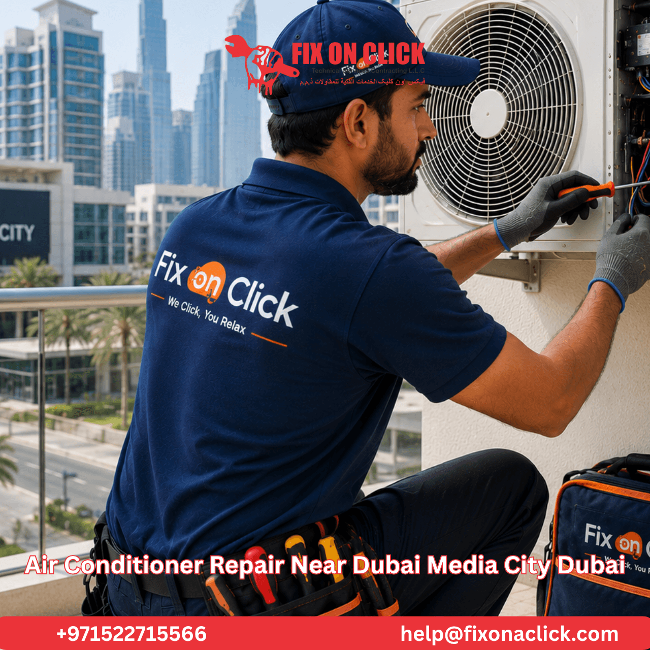 Fix on Click AC maintenance technician servicing split unit in Dubai Media City residential apartment
