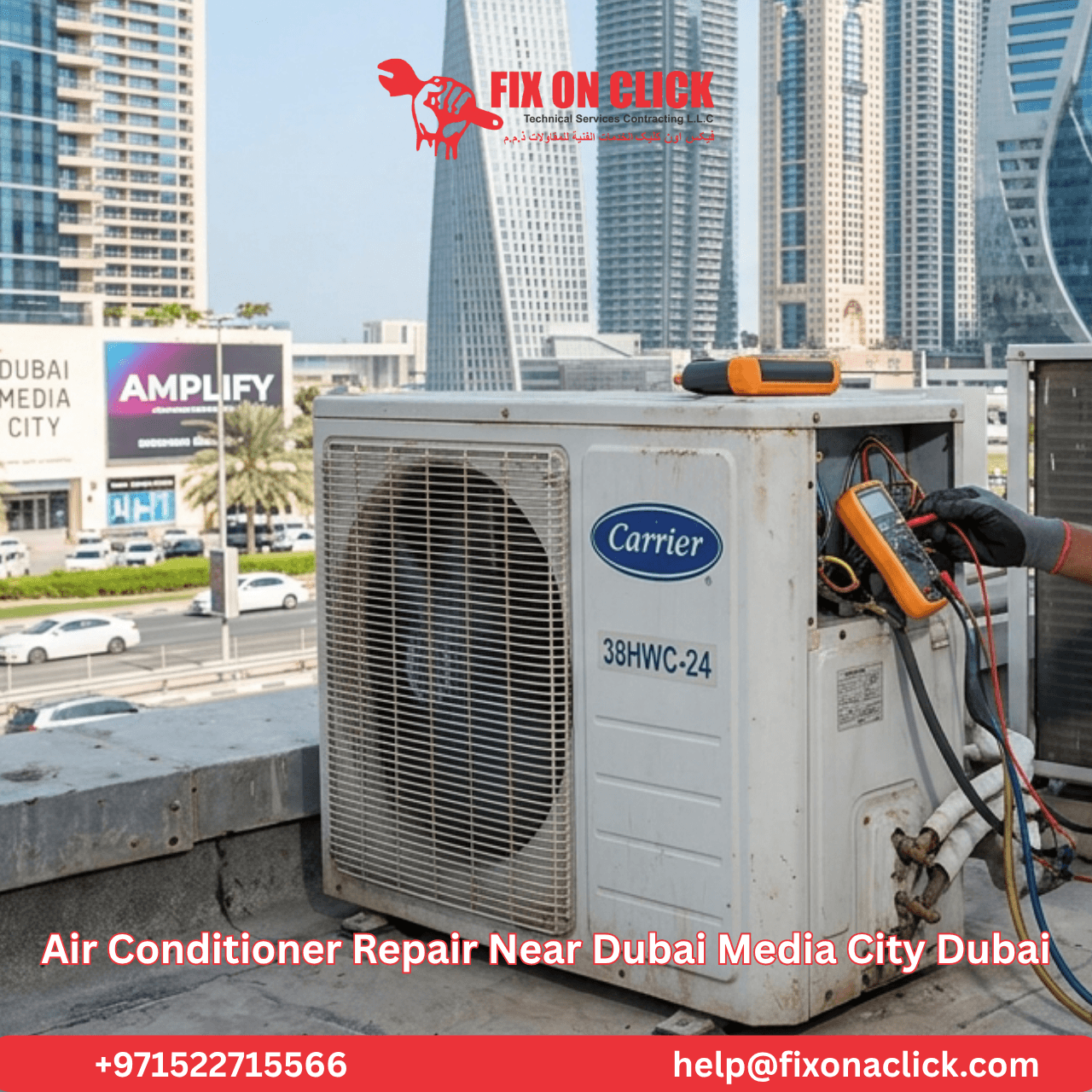 Air conditioner repair being carried out on ceiling cassette unit in Dubai Media City office