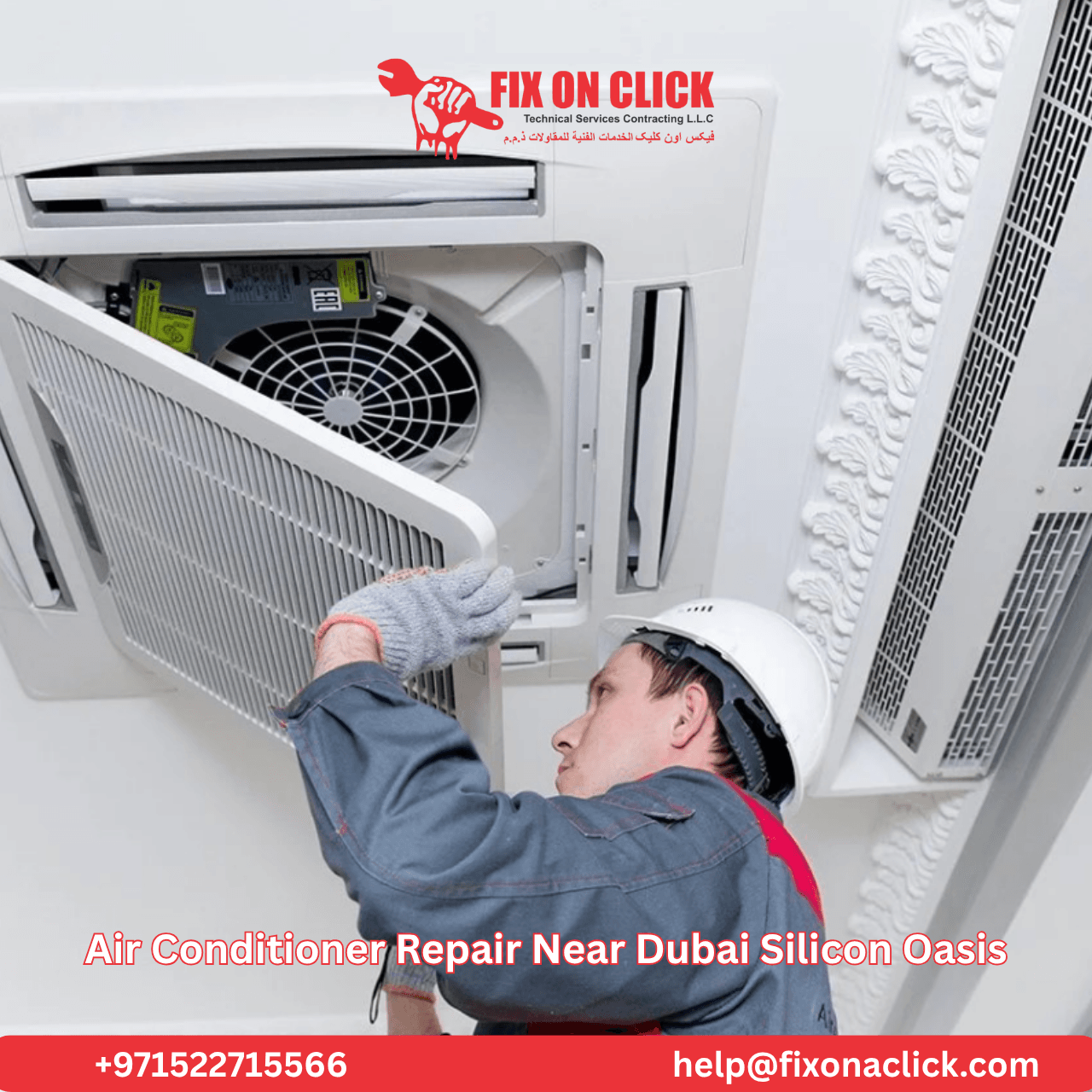 AC repair technician working on outdoor unit at Dubai Silicon Oasis residential villa