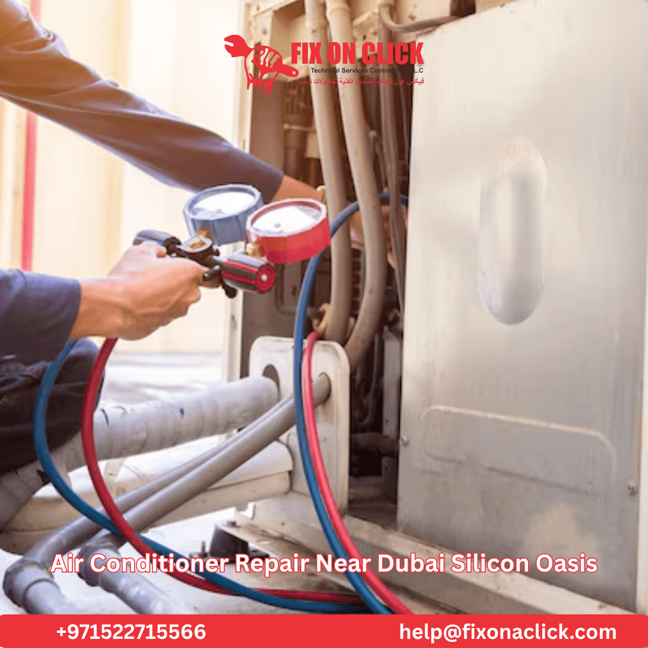 Outdoor AC unit at Dubai Silicon Oasis villa being inspected for fault diagnosis