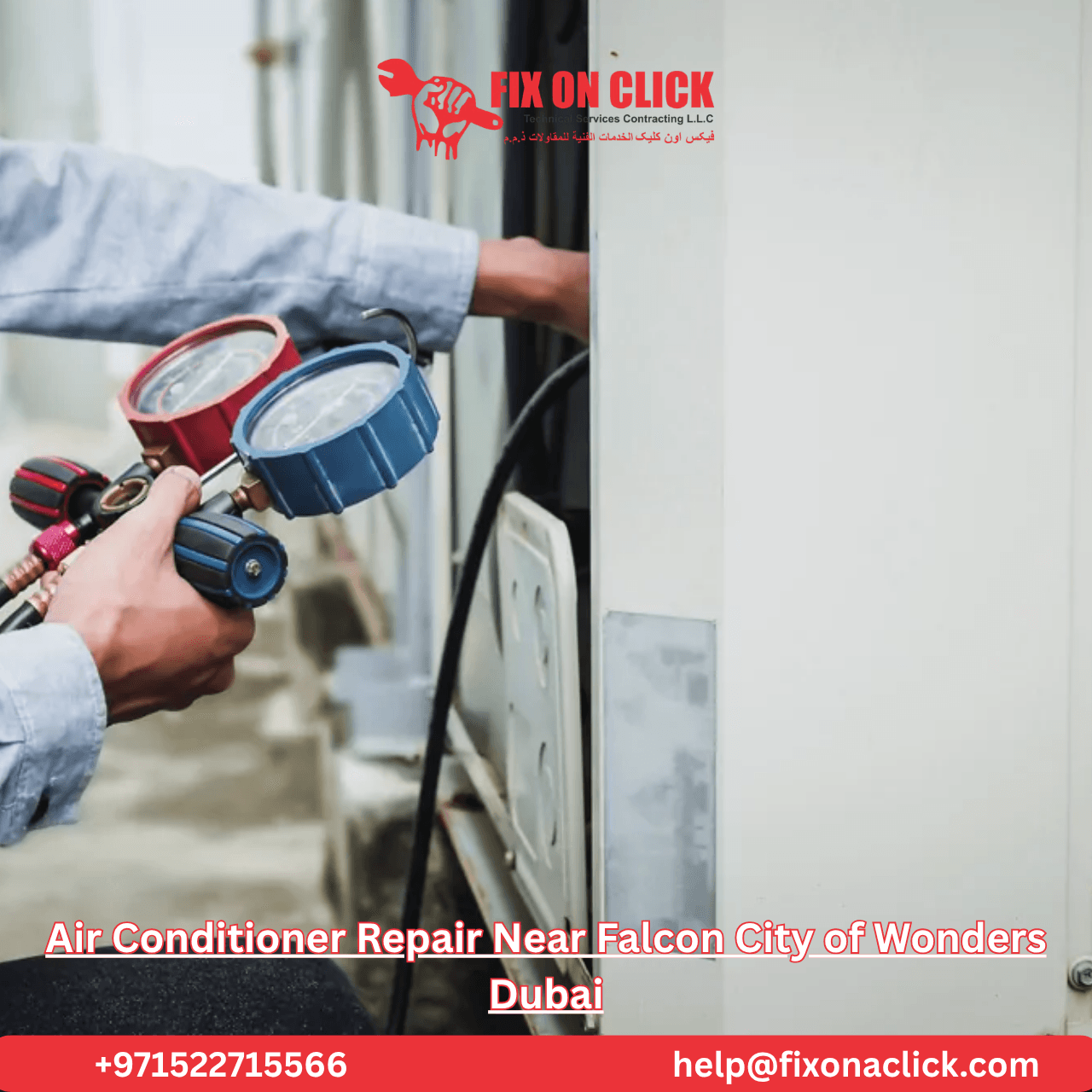 AC repair technician diagnosing air conditioner unit in Falcon City of Wonders Dubai