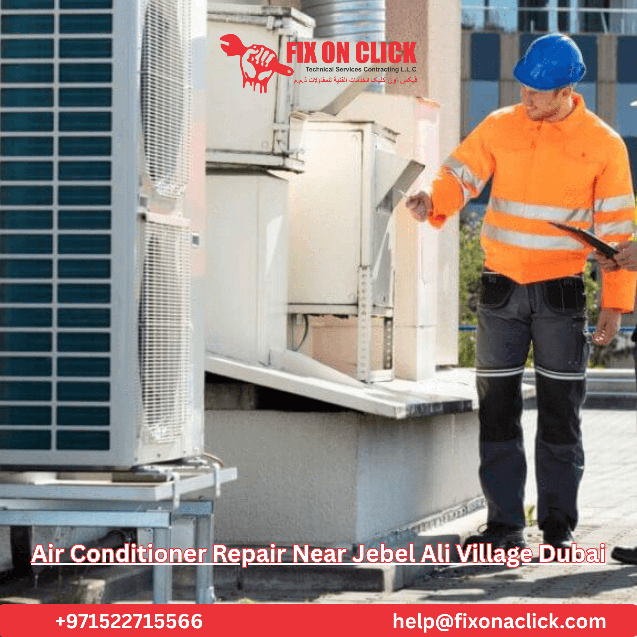 AC technician inspecting indoor air conditioning unit in Jebel Ali Village Dubai home