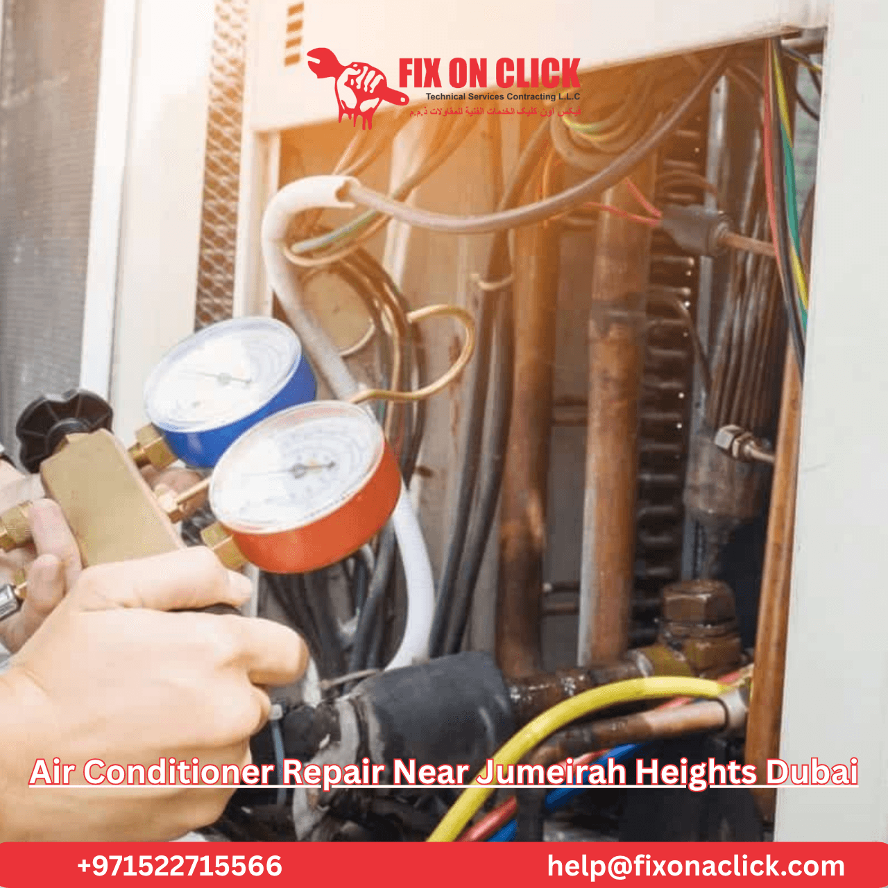 Certified AC technician performing maintenance on outdoor condenser unit in Jumeirah Heights