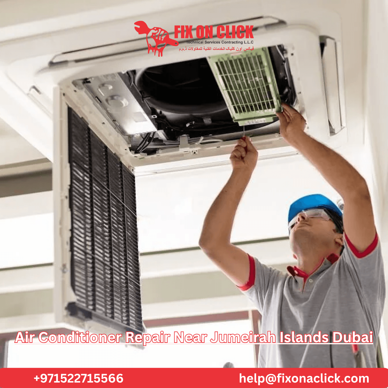 AC repair technician diagnosing air conditioner unit in Jumeirah Islands Dubai
