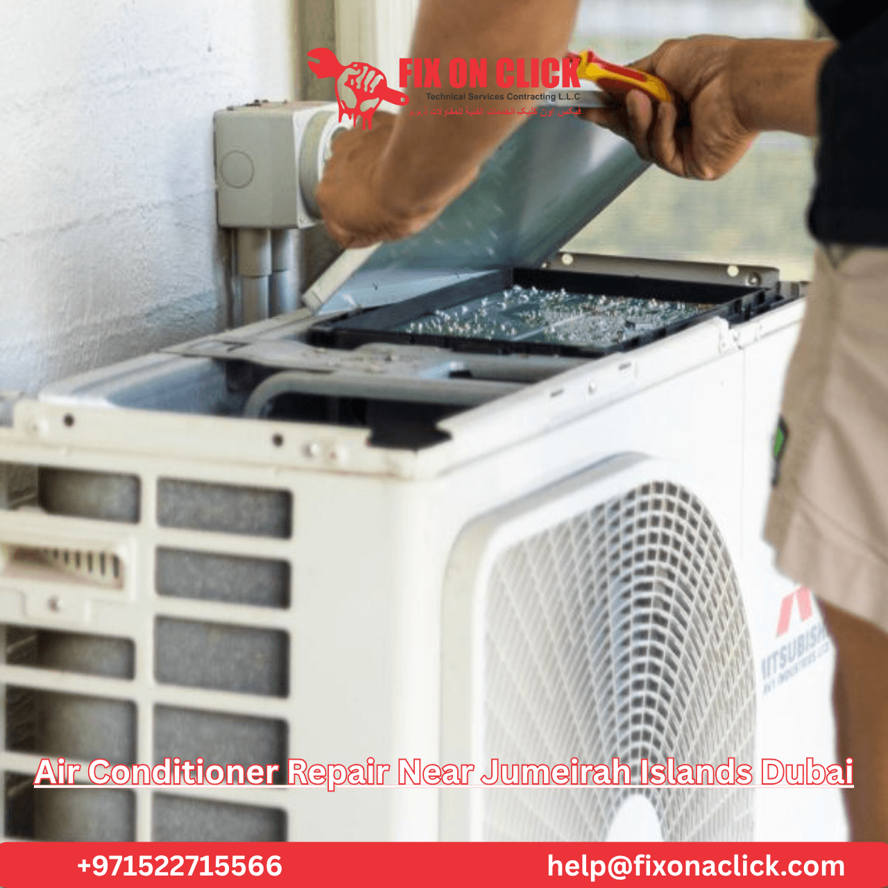 Air Conditioner Repair Near Jumeirah Islands Dubai - Fix on Click technician servicing AC unit