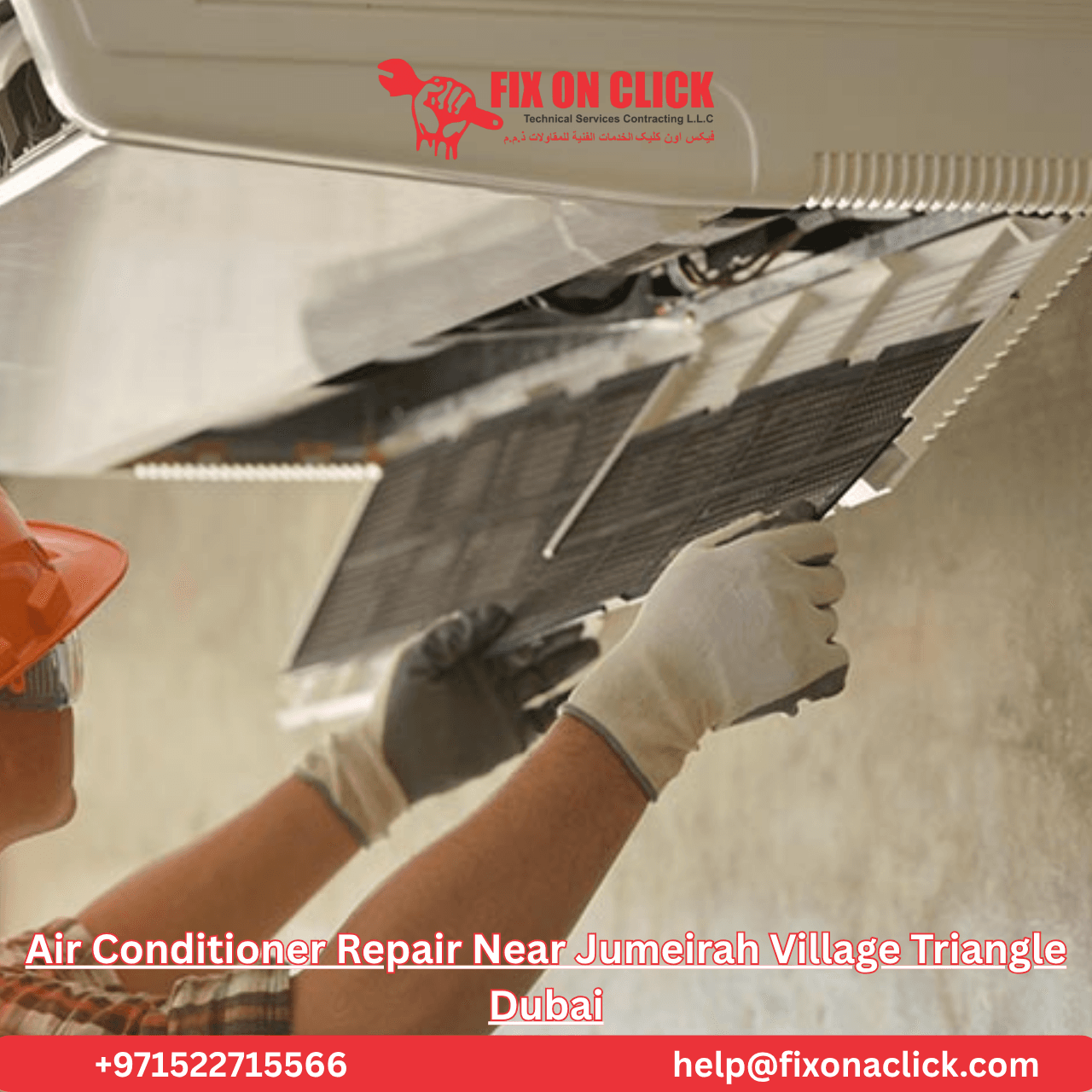 AC technician inspecting split unit in Jumeirah Village Triangle villa Dubai