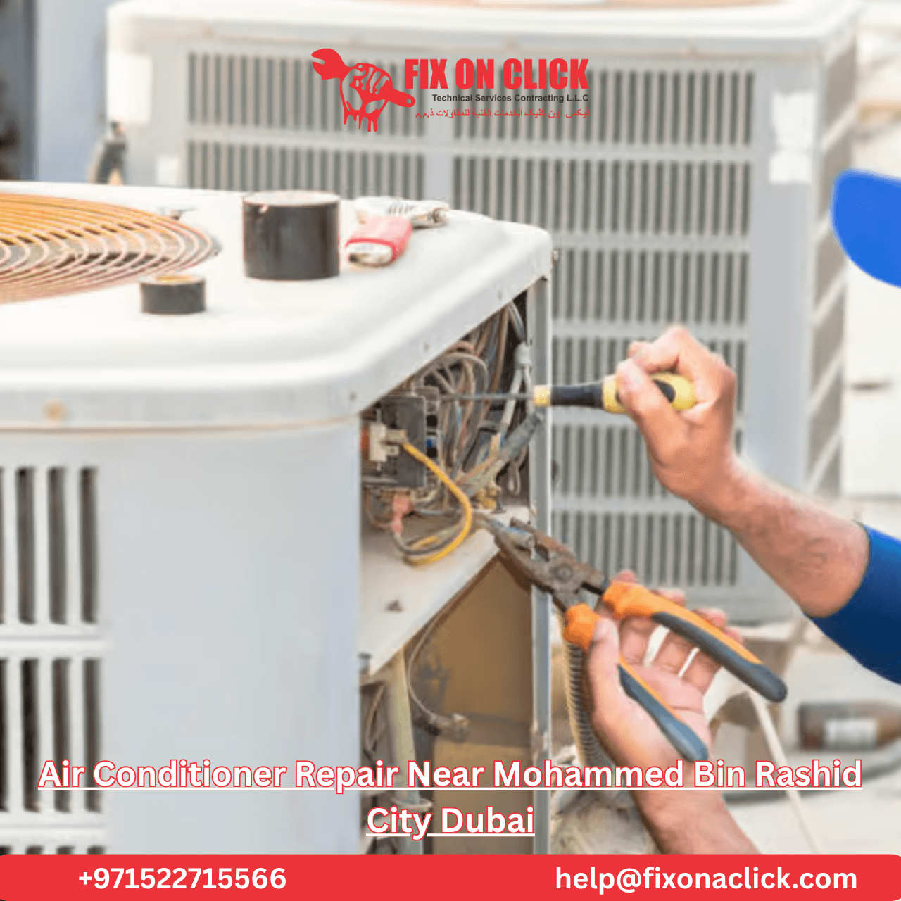 AC repair technician diagnosing air conditioner unit in Mohammed Bin Rashid City Dubai