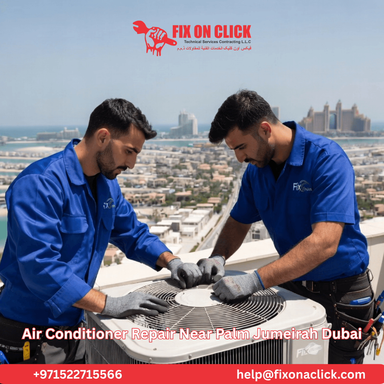 Outdoor AC unit showing coastal salt corrosion on condenser fins near Palm Jumeirah Dubai
