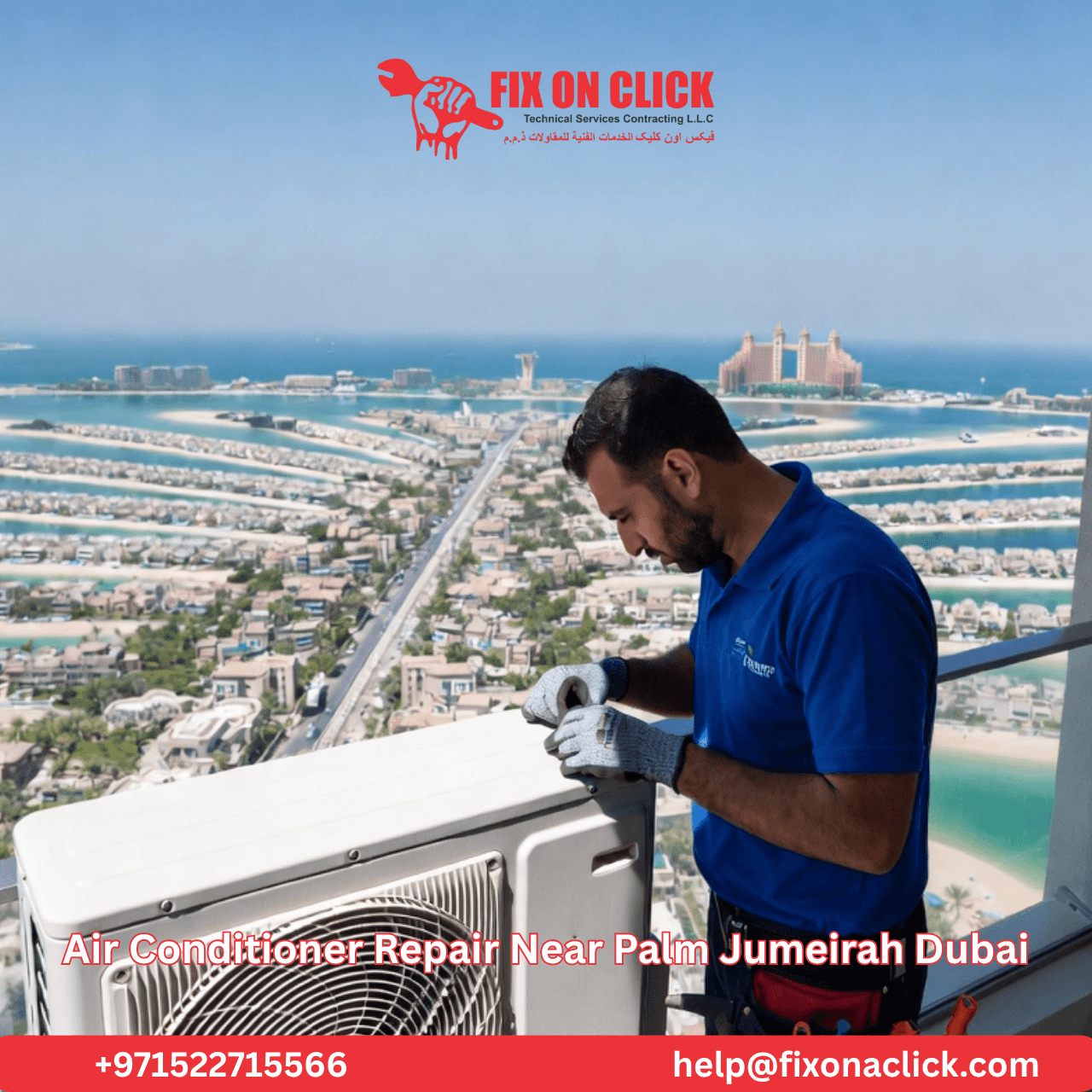 Fix on Click technician performing air conditioner repair on a Palm Jumeirah villa outdoor unit