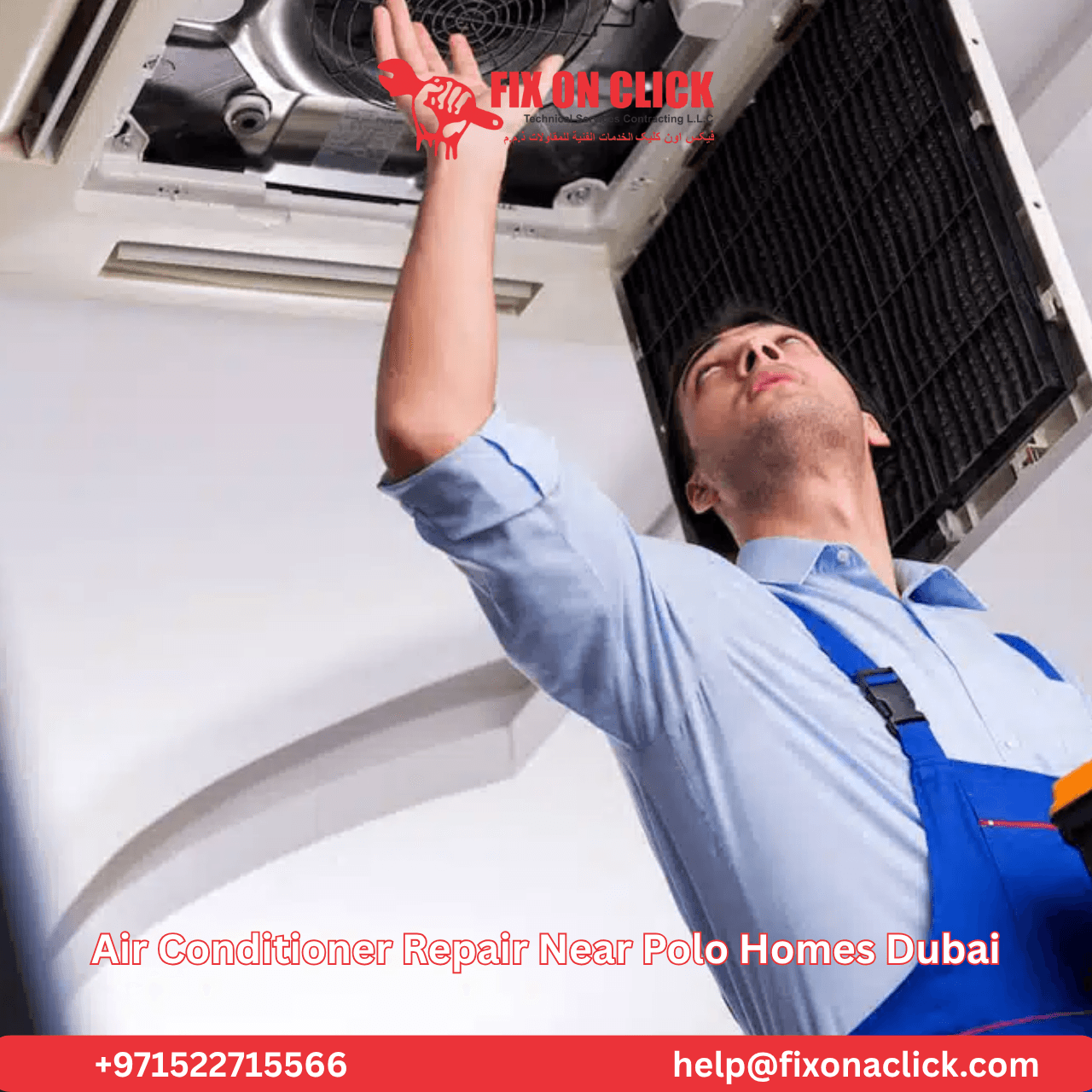 AC technician repairing air conditioning unit in Polo Homes Dubai villa