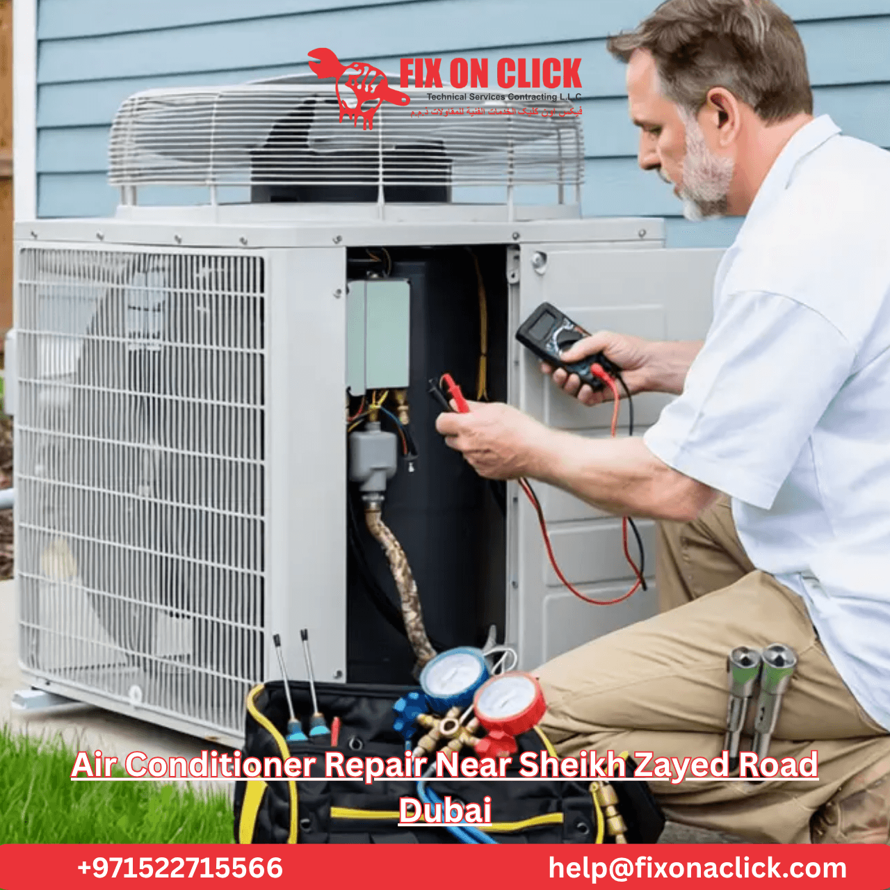 AC repair technician diagnosing air conditioner unit in Sheikh Zayed Road Dubai high-rise