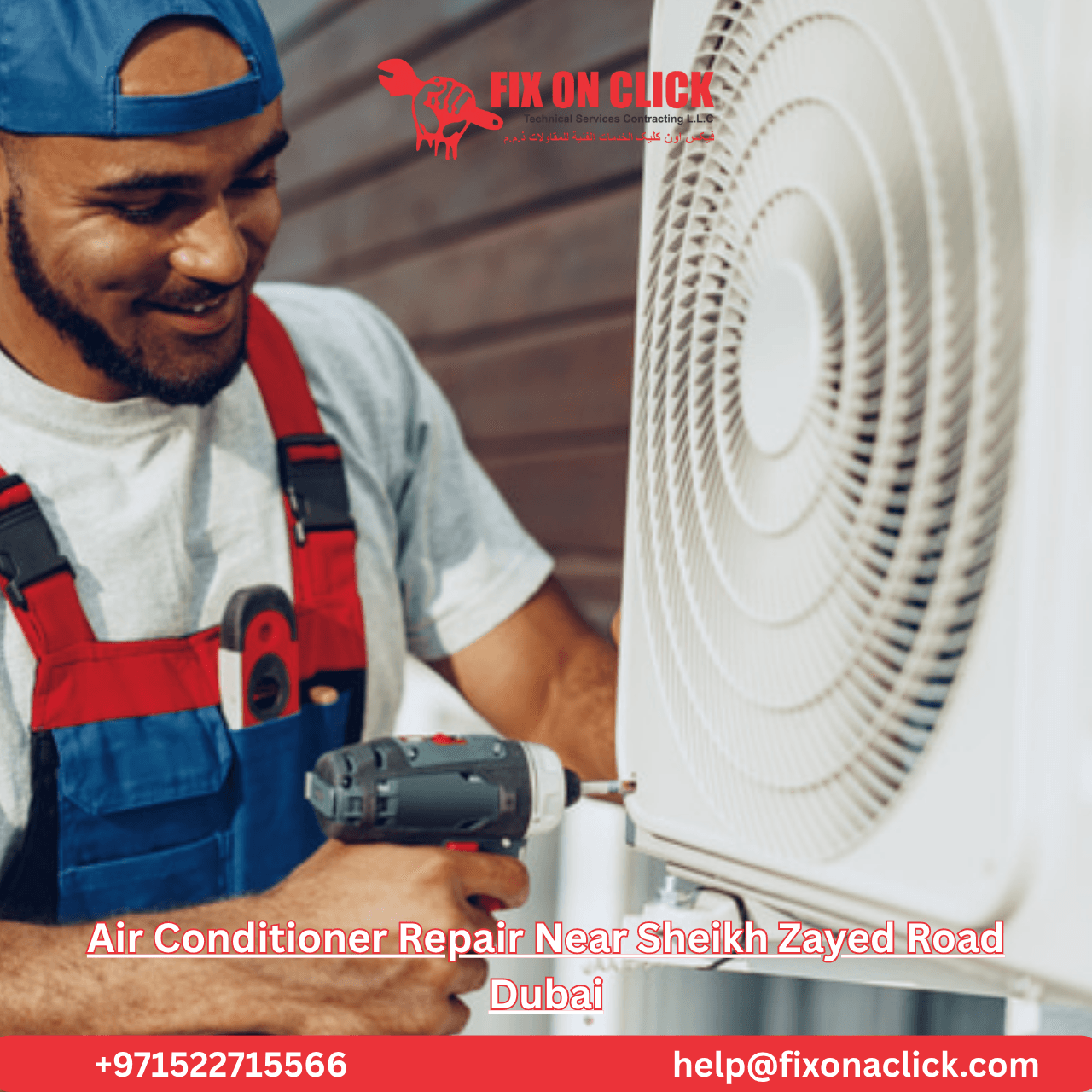 Air Conditioner Repair Near Sheikh Zayed Road Dubai - Fix on Click technician servicing AC unit