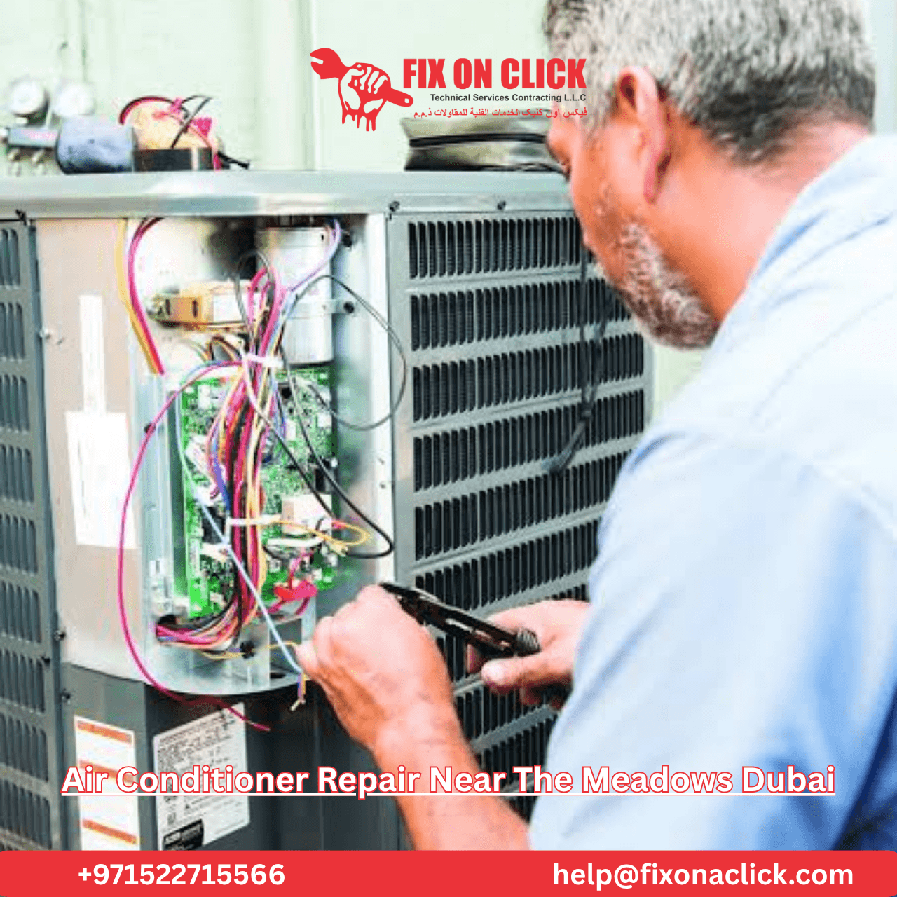 Fix on Click technician cleaning condenser coils blocked by palm fronds at a The Meadows villa outdoor unit
